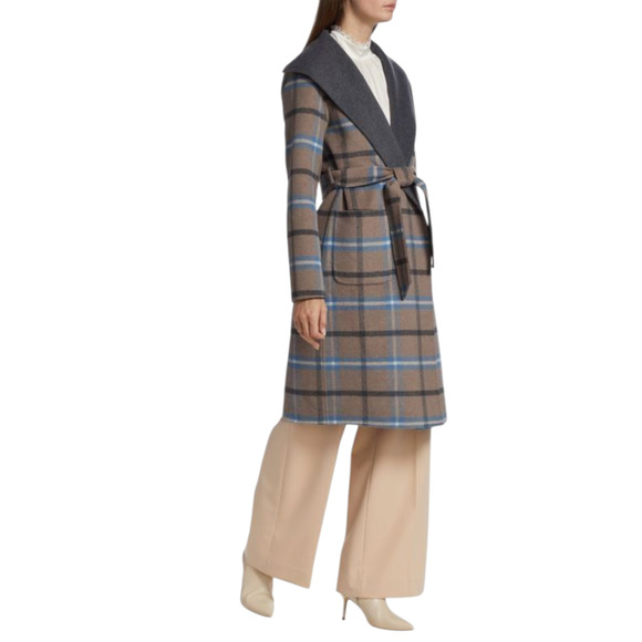 $475 NWT Elie Tahari Womens Wool Blend Wrap Coat Size Large Gray Plaid Belted - Picture 3 of 13